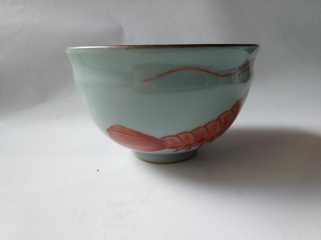 二代 手塚玉堂 青瓷 海老乃絵 茶碗 共箱 共布 栞 茶道具 抹茶碗 新品