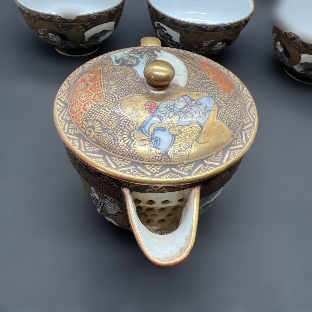 明治時代　金彩山水人物画九谷焼煎茶器セット　宝瓶１点　湯呑み３点まとめて煎茶道具