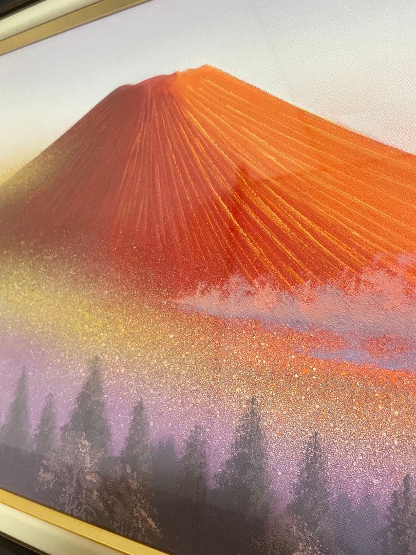 美品 徳田春邦「赤富士」油彩画 油絵 直筆サイン入り 富士山 縁起物 開運