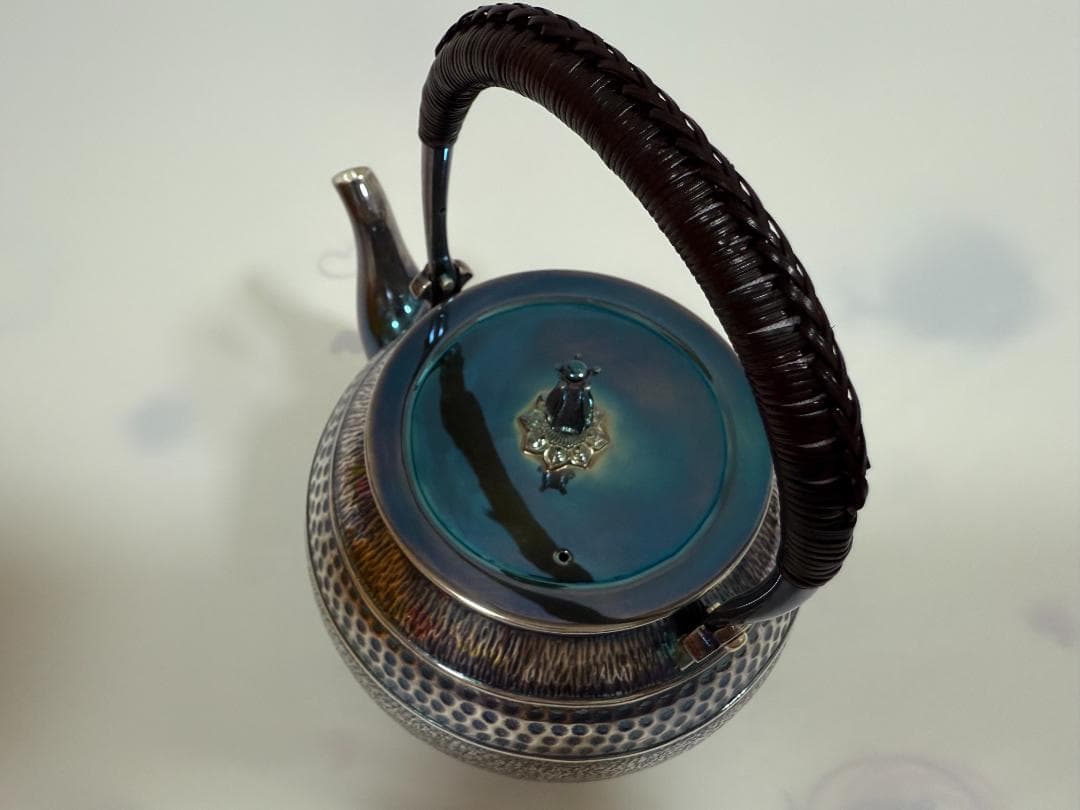 純銀製 花蕾摘 鎚目 湯沸 銀瓶 煎茶道具