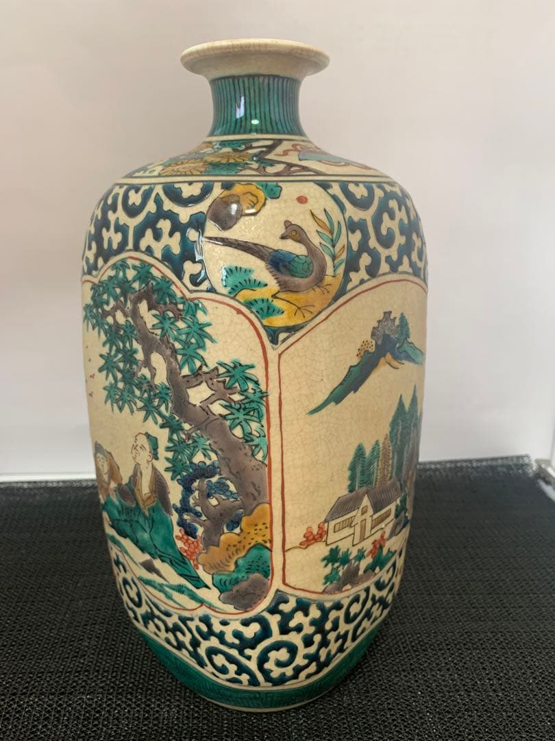 江戸　古九谷　人物花鳥　角福　花瓶　送料込み