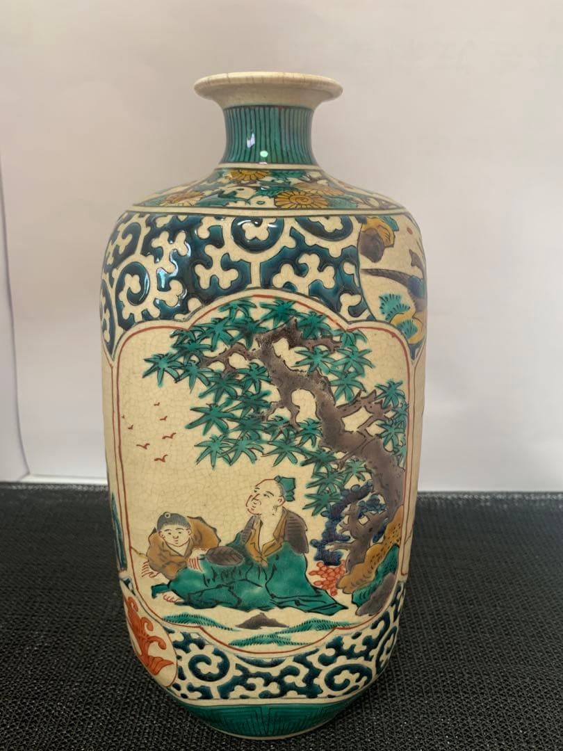 江戸　古九谷　人物花鳥　角福　花瓶　送料込み