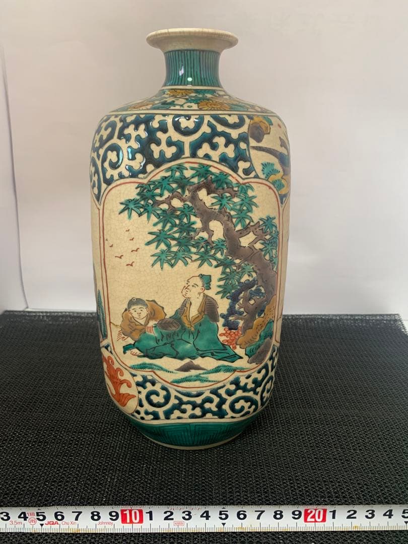 江戸　古九谷　人物花鳥　角福　花瓶　送料込み