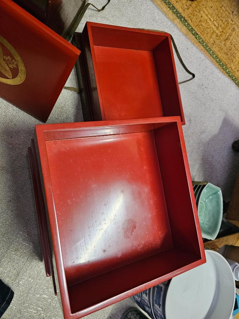 幕末明治の能登輪島塗沈金家紋重箱 蓋2枚付き