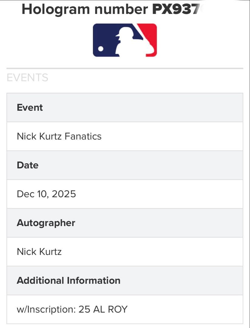 値下中ニック・カーツ選手サイン入り野球ボール AL ROY 新人王サインボール