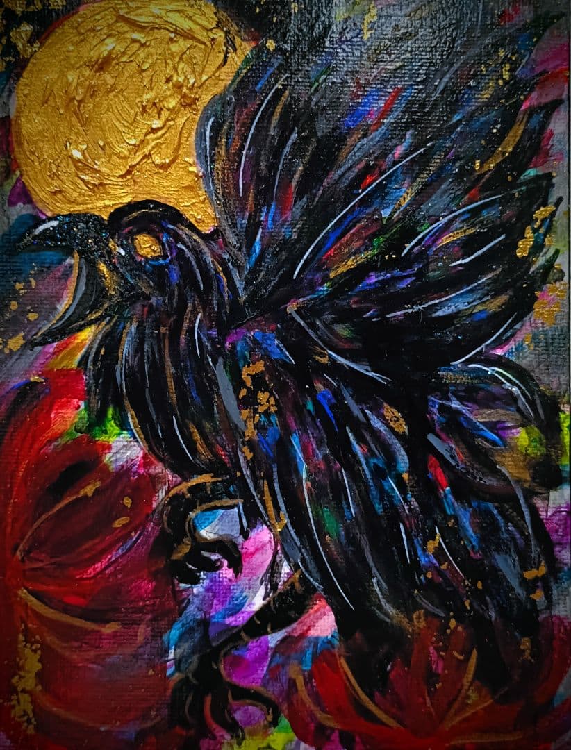 【一点物アート/F0号】八咫烏と月【現代アート/アクリル画/絵画】