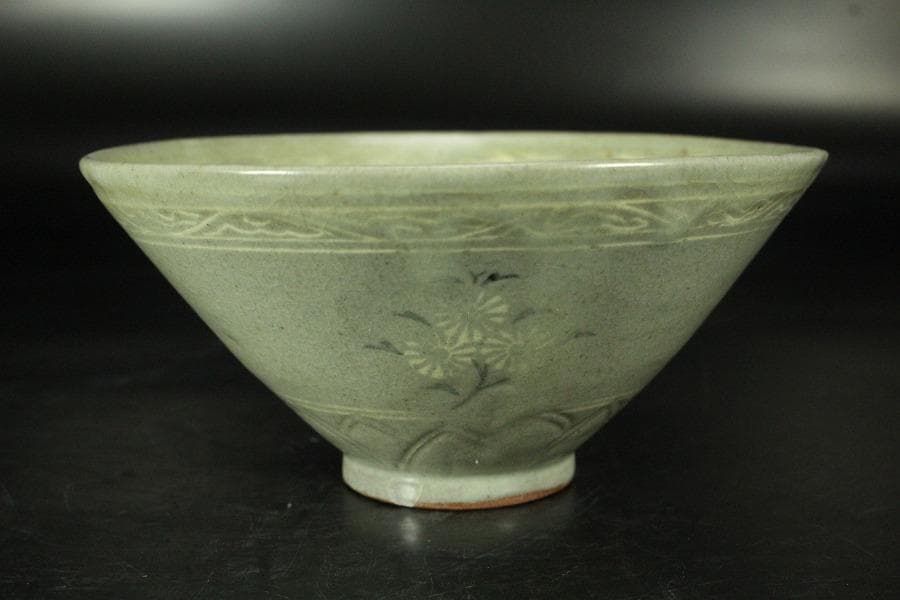 高麗 草花象嵌 青磁 茶碗 時代 茶道具(K-A990)