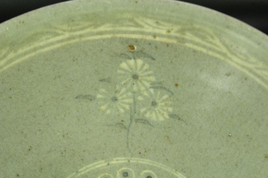 高麗 草花象嵌 青磁 茶碗 時代 茶道具(K-A990)