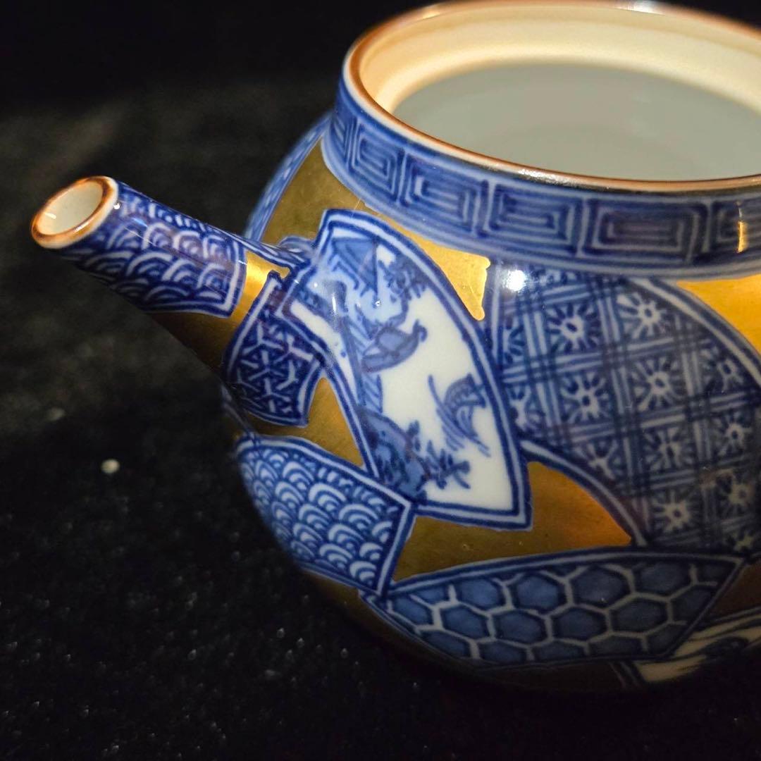 平安　清昌造　急須　共箱　急須　煎茶　宝瓶　京焼　陶器製 金地染付扇面図