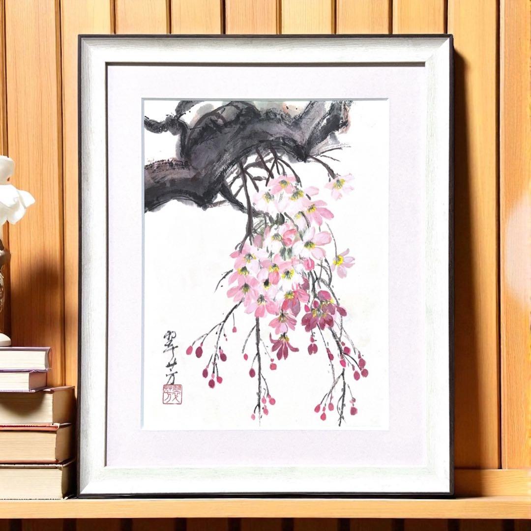 【古口翠芳/Suihou Koguchi】墨彩画　枝垂れ桜　木製額縁付き