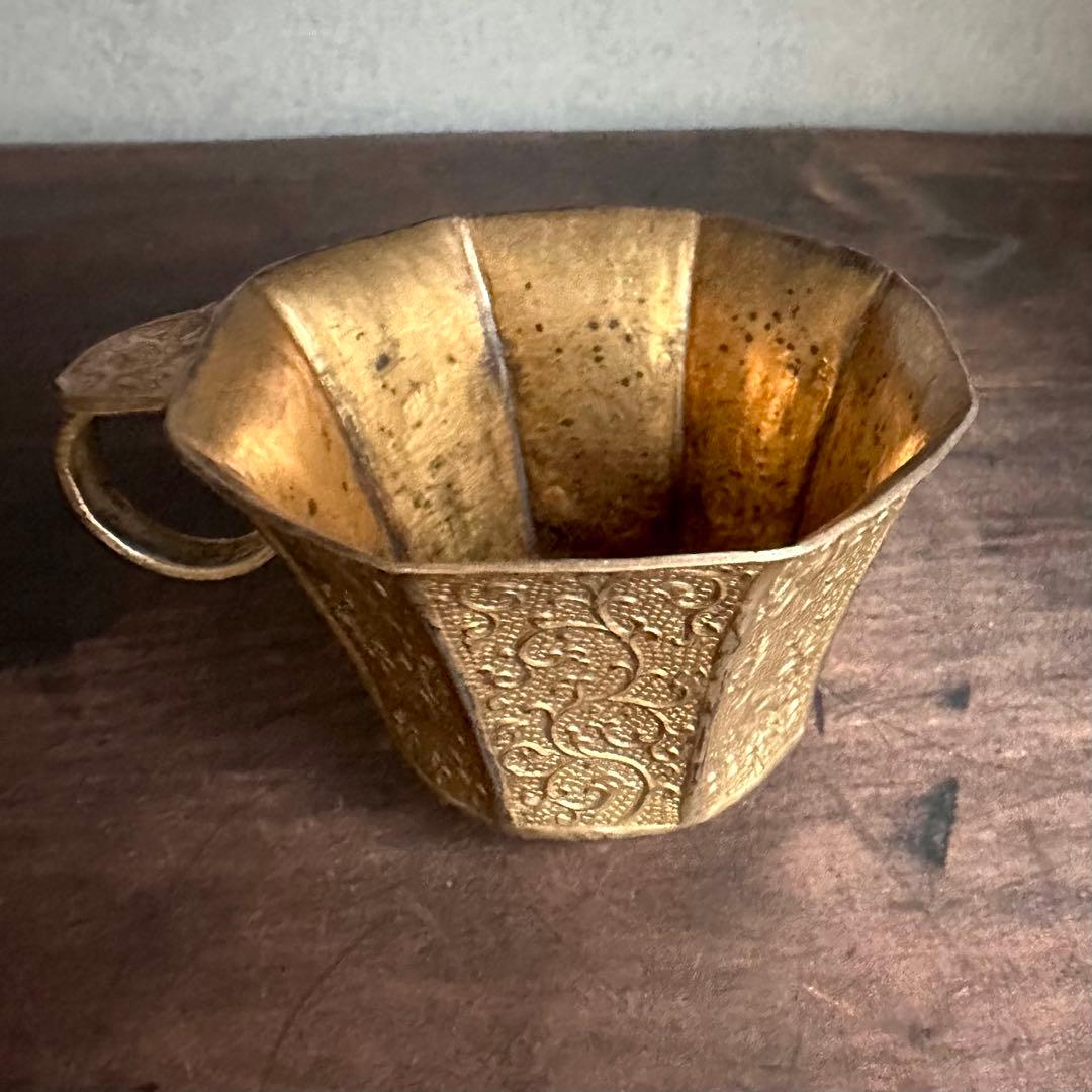 【希少】　唐時代　八角杯銅鍍金　鳥模様紋　取手付き杯　唐物　中国美術