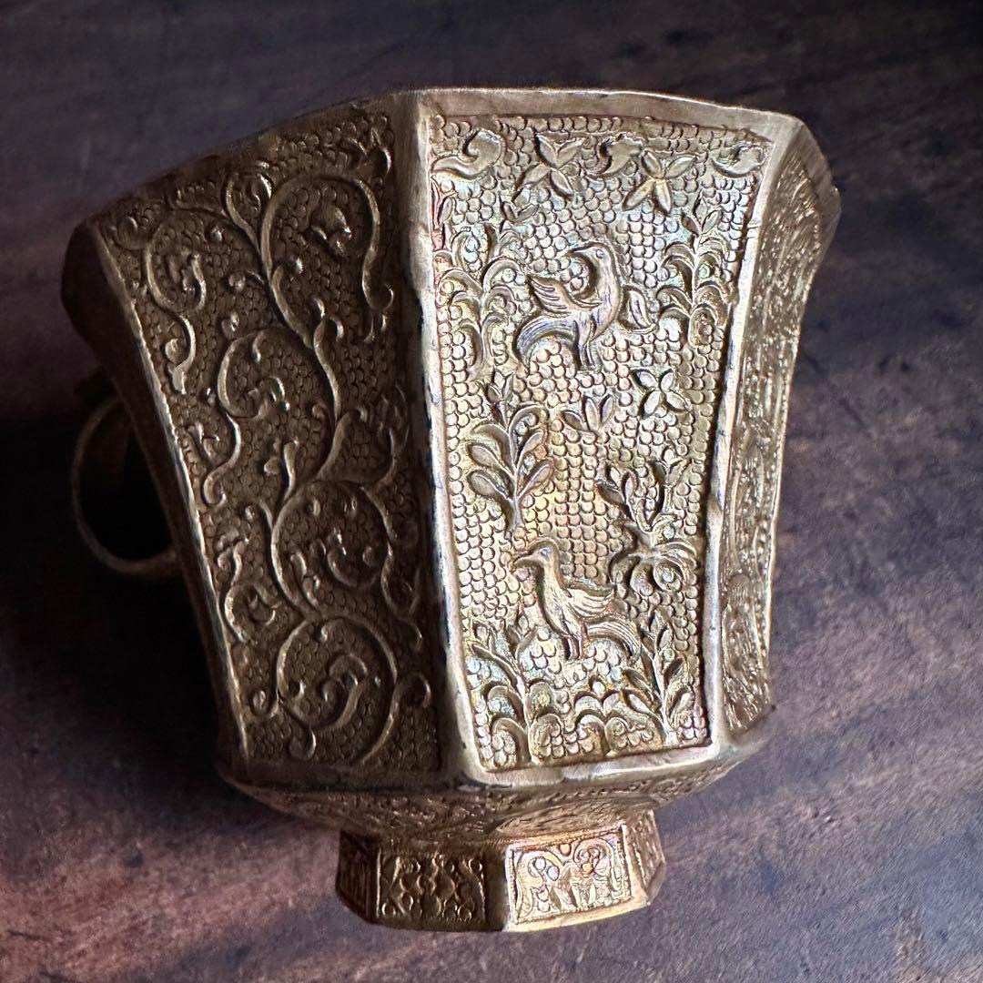 【希少】　唐時代　八角杯銅鍍金　鳥模様紋　取手付き杯　唐物　中国美術