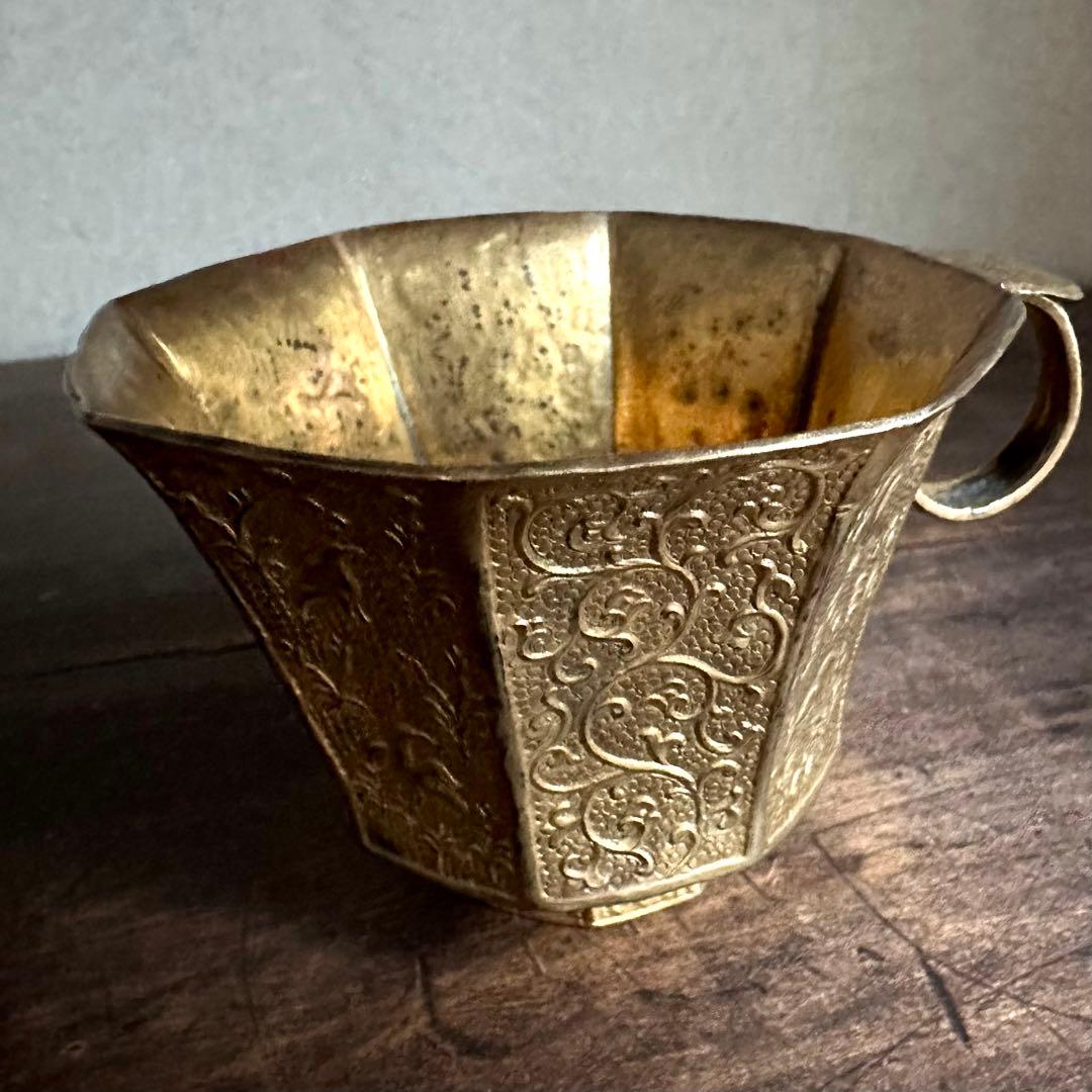 【希少】　唐時代　八角杯銅鍍金　鳥模様紋　取手付き杯　唐物　中国美術