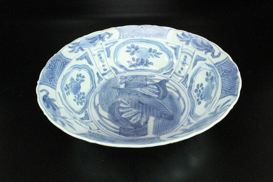 中国美術 古染付 兜鉢 折口碗 芙蓉手 明 φ20.5cm 旧家蔵出