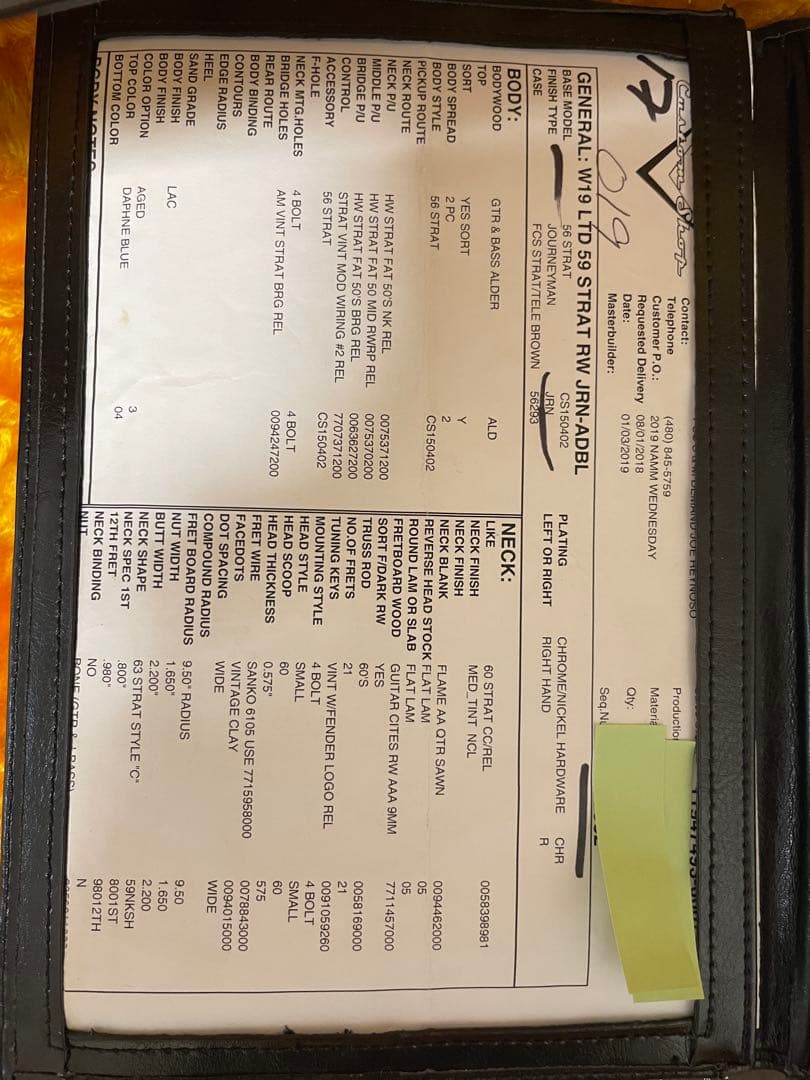 ギター Fender CS 1959 Stratcaster Daphne Blue