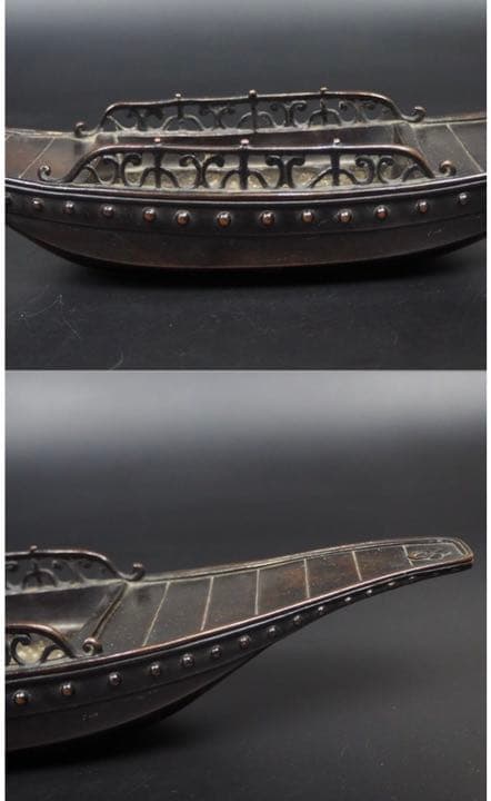 送料無料　大珍品　古銅造舟形筆洗/水盤『和寧堂製』款　長さ約29ｃｍ