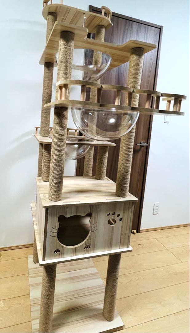 木製多層キャットタワー 透明ボウル付き　据え置き