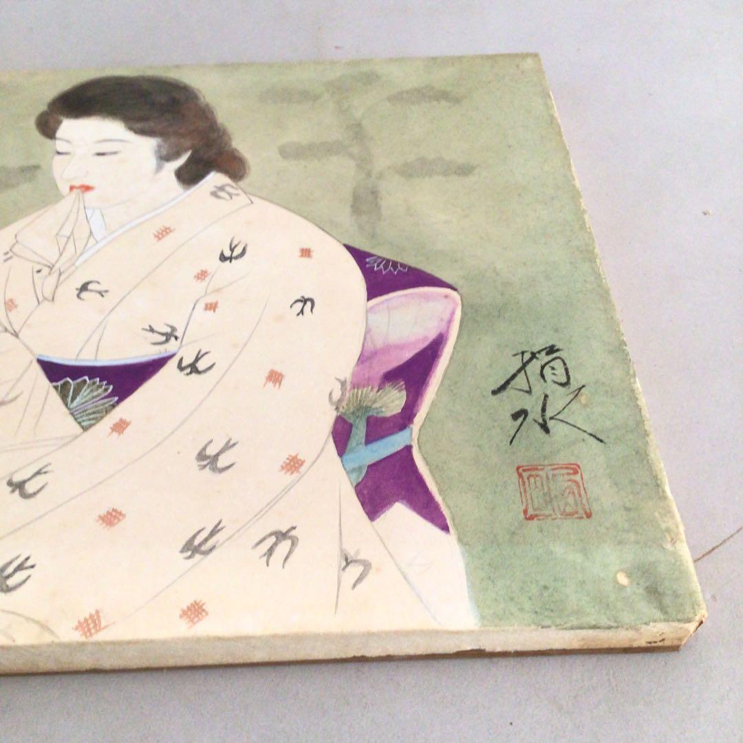 No3885額装　在銘　指水　美人画　燕柄着物　肉筆絹本　日本画　絵画 送料無料
