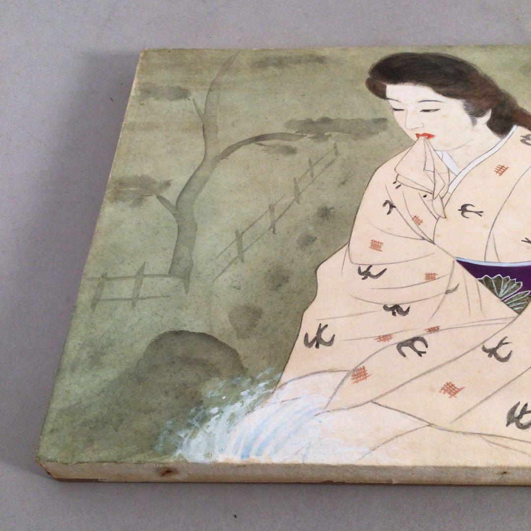 No3885額装　在銘　指水　美人画　燕柄着物　肉筆絹本　日本画　絵画 送料無料