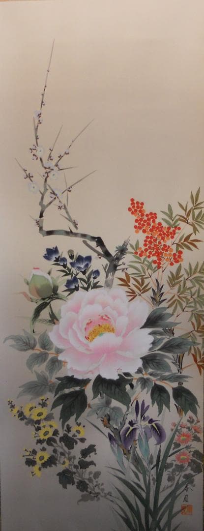 掛け軸 小川香月 四季彩花 絹本 希少 軸装 茶道具 掛軸 美品 です。