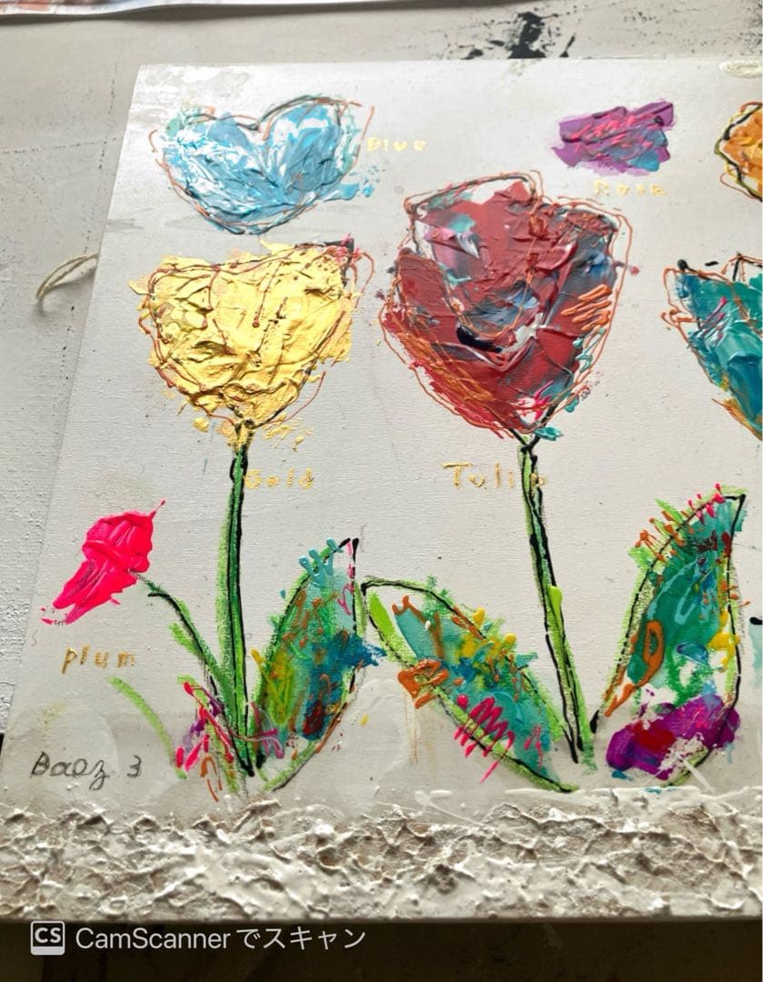 抽象画 チューリップと花　ハンドメイド　インテリア　アクリル画　BAEZ3