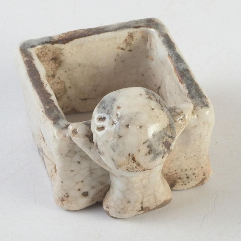 茶道具　志野焼　花草文　人物蓋置　時代箱　V　9876