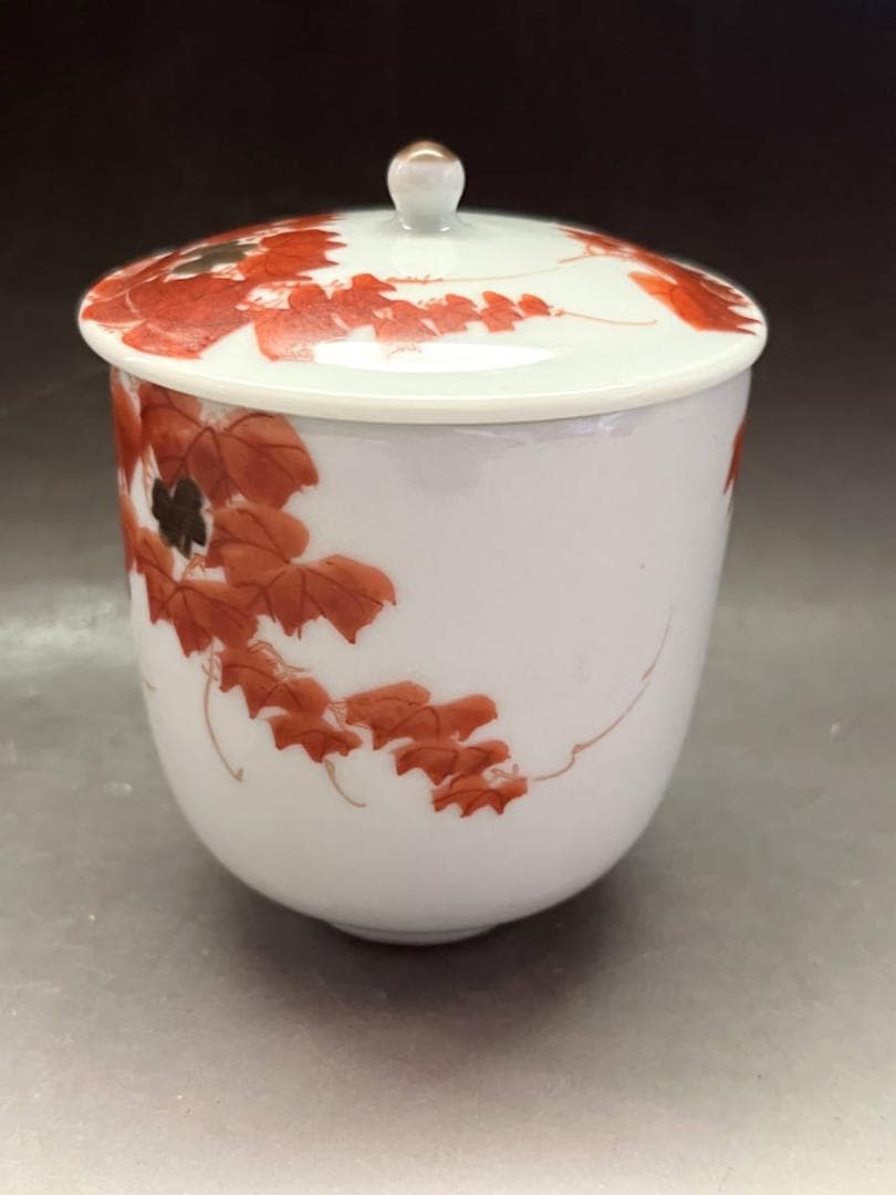 湯飲み■古九谷 赤絵 楓（江戸後期～明治期） 蓋付き湯呑 蔦 時代物 骨董品■