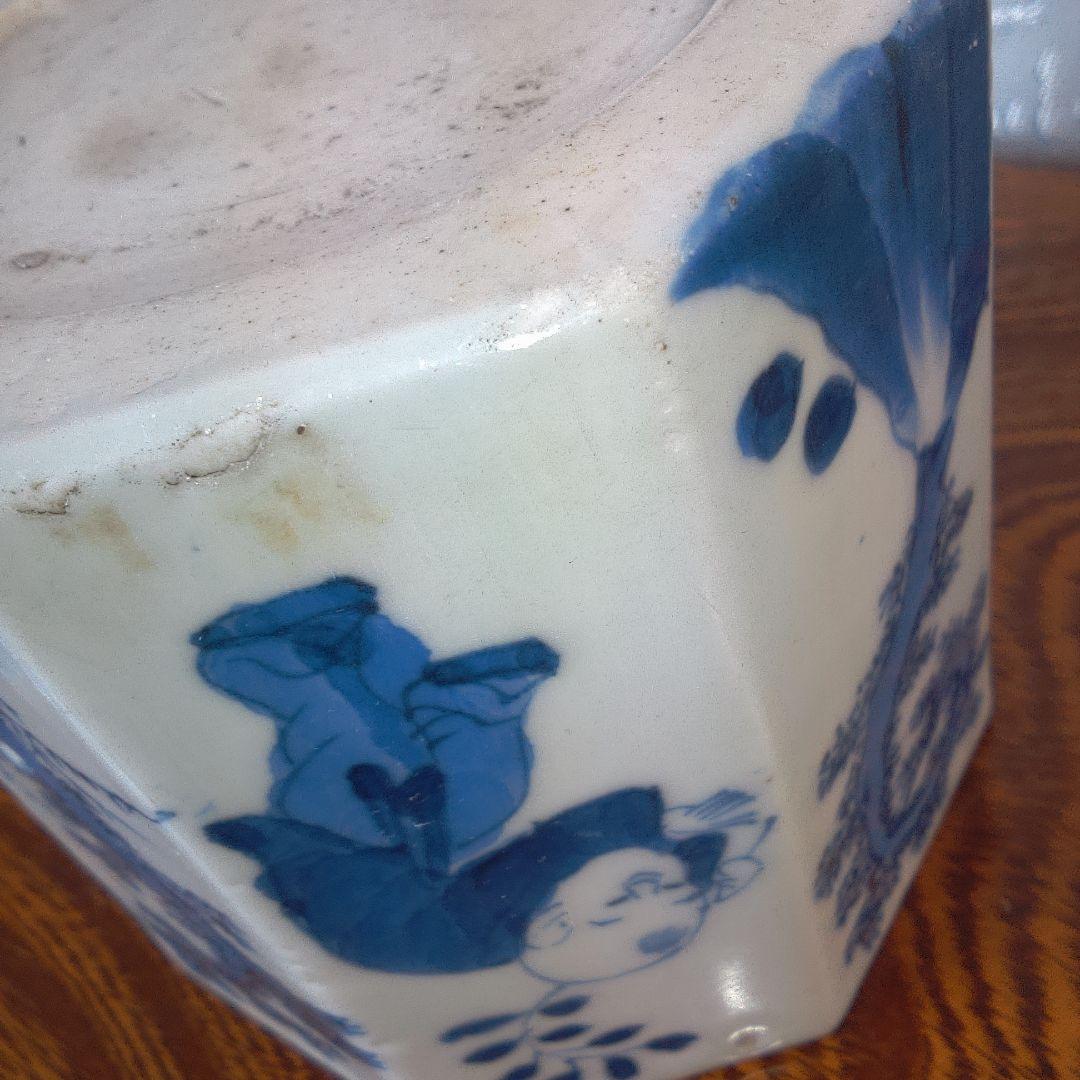 骨董５青い絵柄の八角形陶器鉢