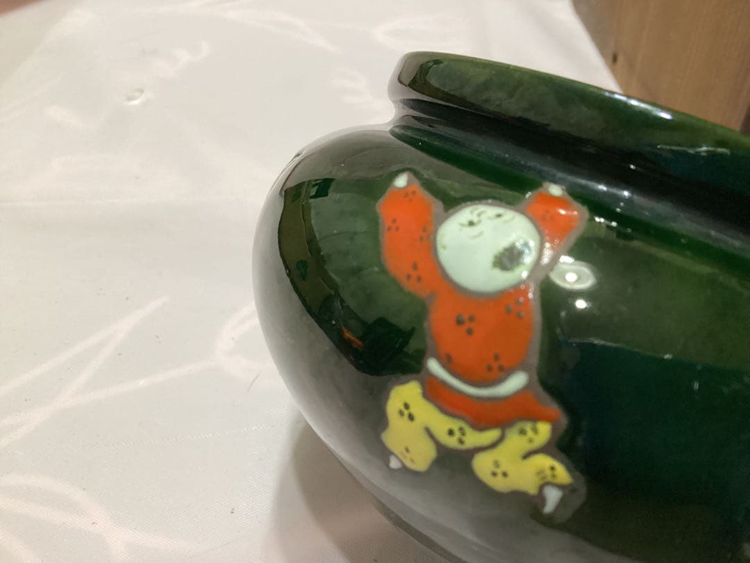 支那人形　萬古焼　茶道具セット 煎茶　緑色 陶器製 木箱　唐子の玉遊び模様