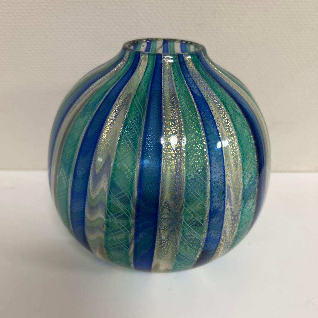 月夜野工房　TSUKIYONOガラス製花瓶　レース　ストライプ　金彩　吹きガラス