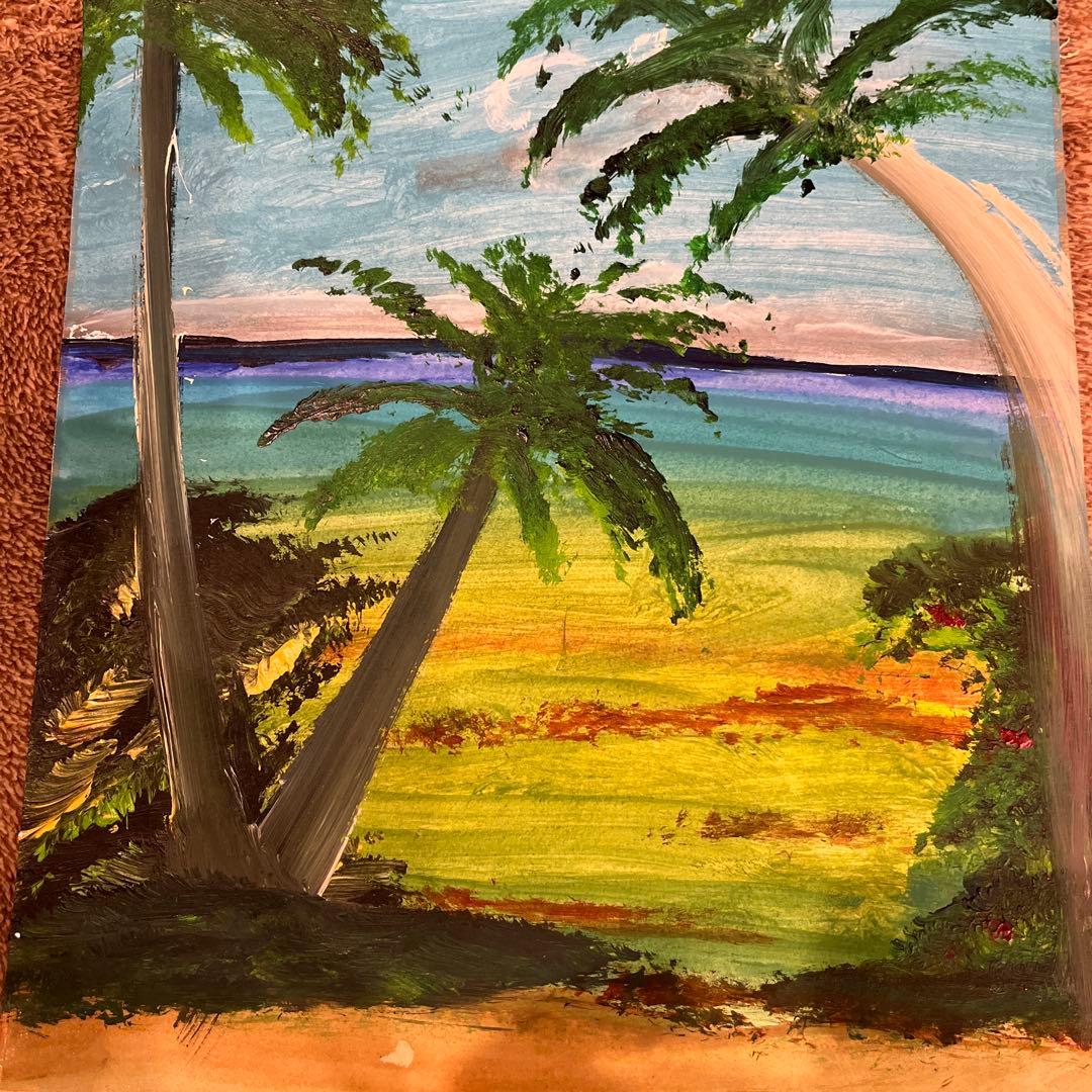 風景画 ヤシの木と海のパステル画