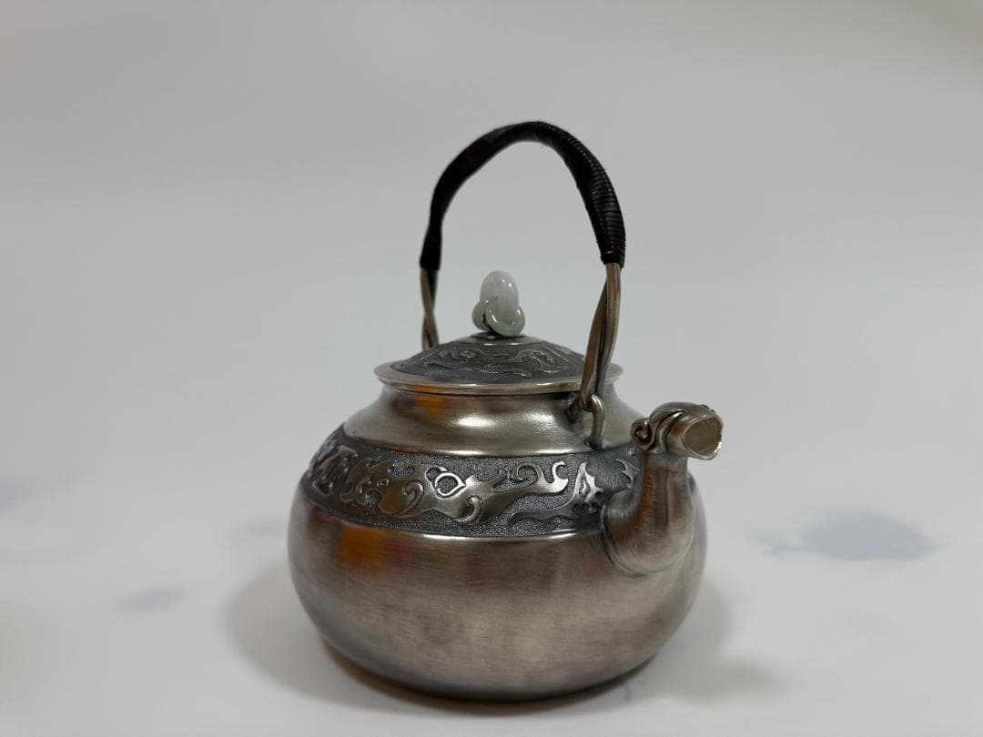 純銀製 饕餮文 獣口 三連環玉摘 湯沸 銀瓶 煎茶道具