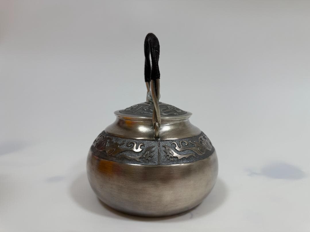 純銀製 饕餮文 獣口 三連環玉摘 湯沸 銀瓶 煎茶道具