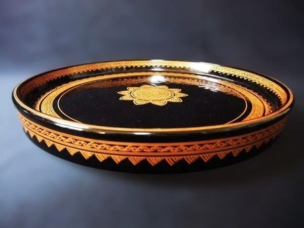 籃胎蒟醤(ランタイキンマ)花文丸盆 文綺堂製 香川漆器 本漆器 骨董 時代物