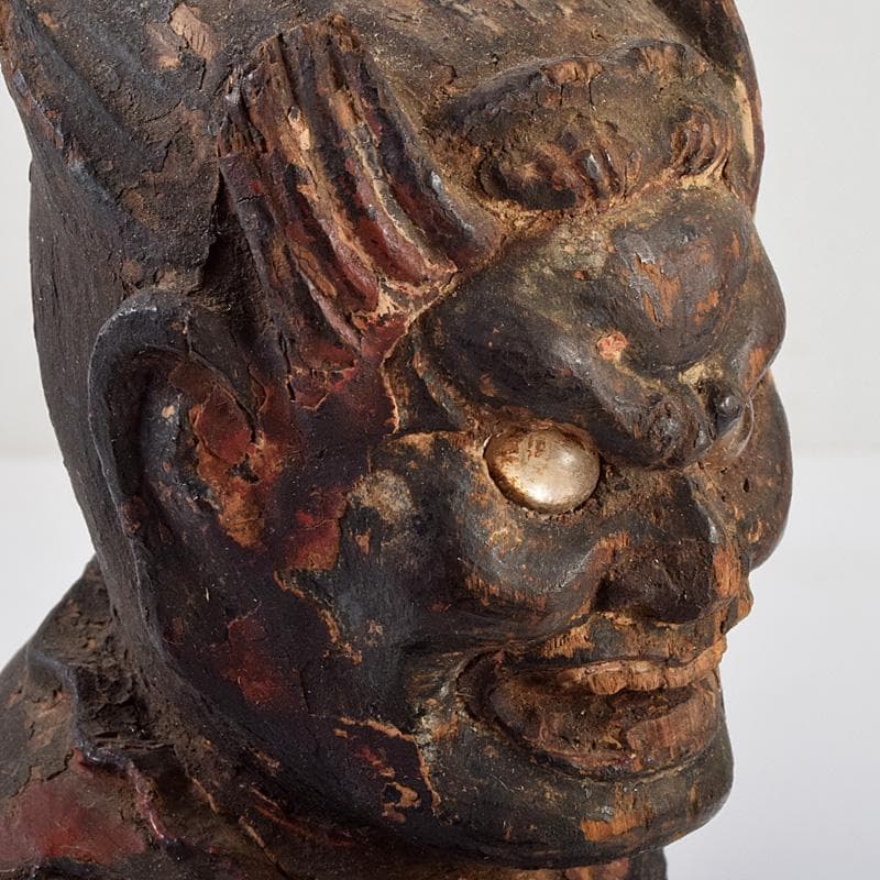 仏教美術　彩色木彫　玉眼入　十二神将像　仏像　木製台・時代箱付　G　R9231