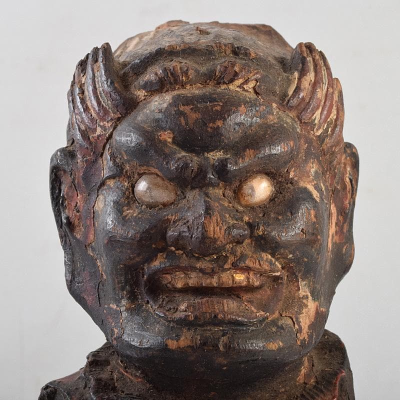 仏教美術　彩色木彫　玉眼入　十二神将像　仏像　木製台・時代箱付　G　R9231