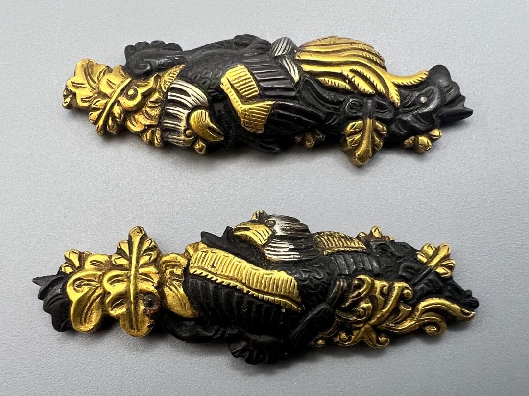 【海】江戸明治金工　鳳凰山水図　金目　手彫　目貫　４点　金銀象嵌　骨董品　元箱付