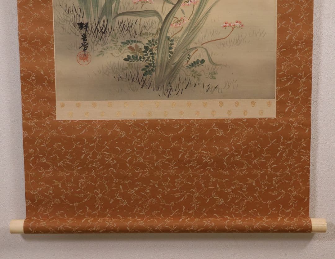 【模写】日本画 益田楳岳 花鳥 雀 草花 絹本 掛軸 MB160