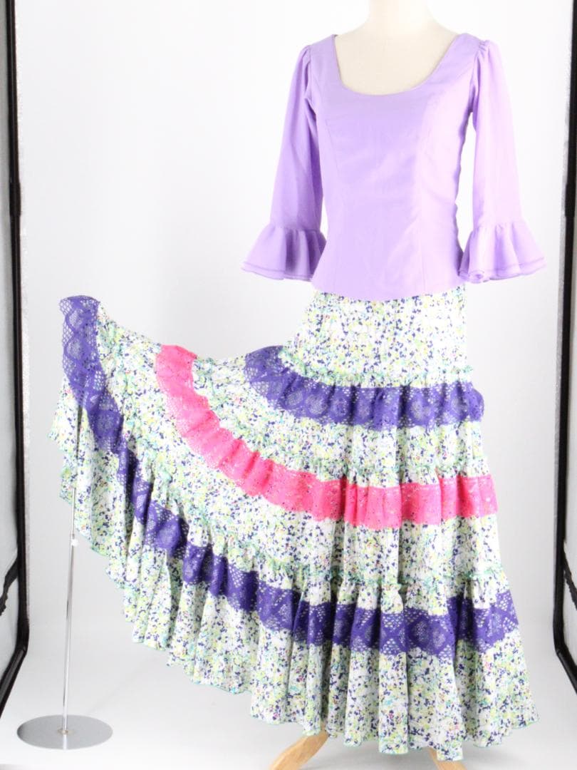 【美品 フラメンコ衣装 ツーピース】マルチカラー柄×レース地 HERMOSA