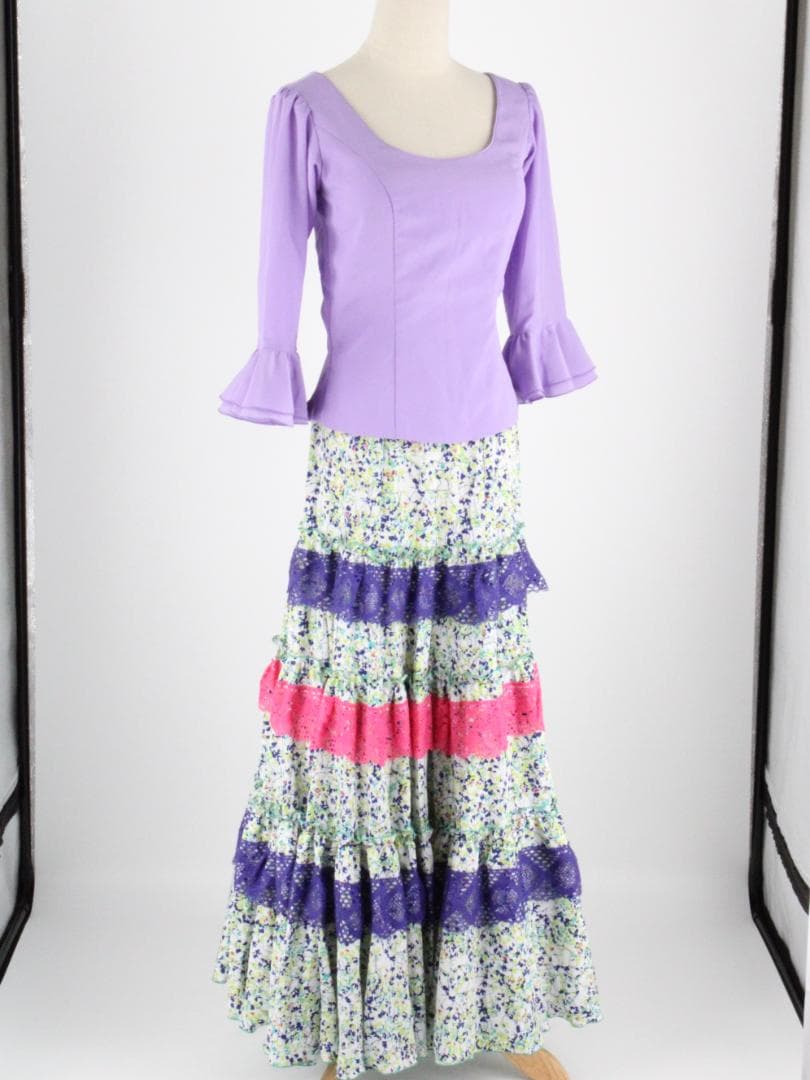 【美品 フラメンコ衣装 ツーピース】マルチカラー柄×レース地 HERMOSA