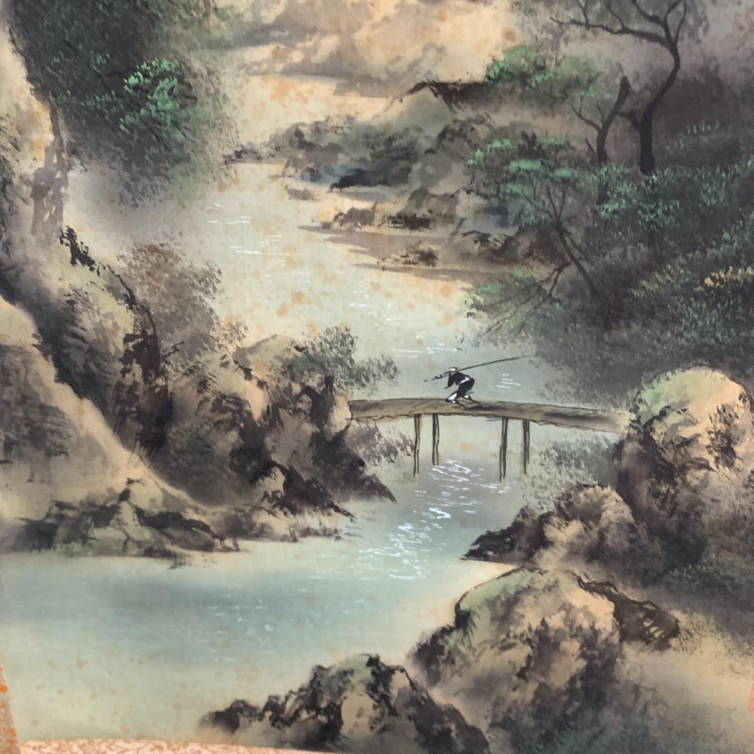 水墨画 天龍作　四神守護山水　掛け軸　肉筆　絹本