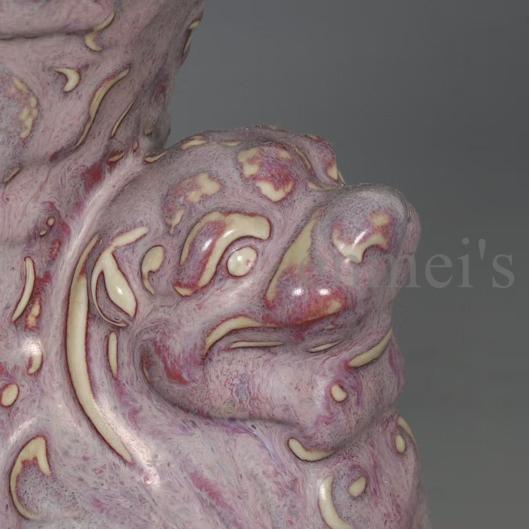 中国古美術・宋鈞窯款・玫瑰紫釉獅子爵杯・酒具・木箱付・文房具・茶道具・陶磁器