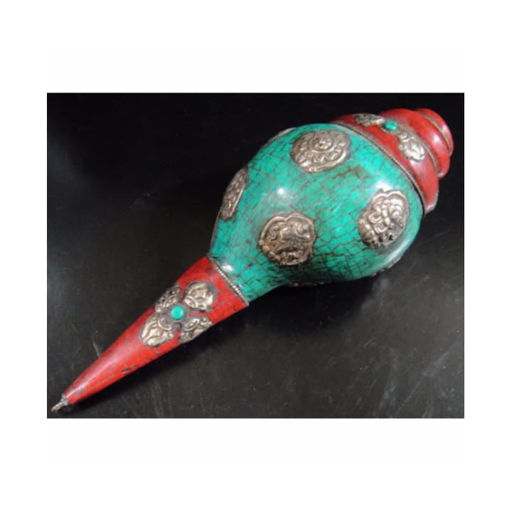 ◆チベット密教法具　法螺貝（シャンカ）八吉祥（タシタゲ）