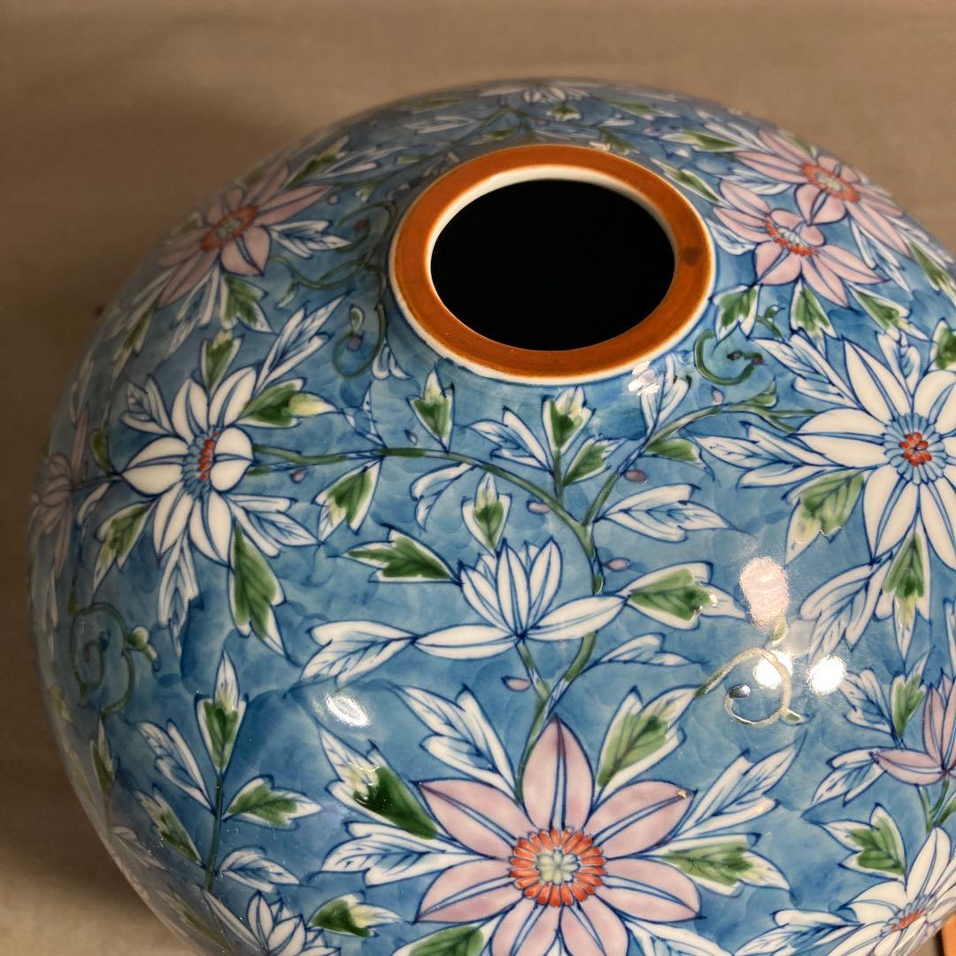 【源右衛門】古伊万里の伝統　日本の名窯　舘林源右衛門作　染錦濃鉄線花文　花瓶