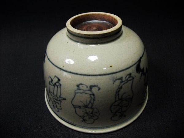 安南写七福人絵 膳所焼 陽炎園「岩崎新定」造 染付 茶碗