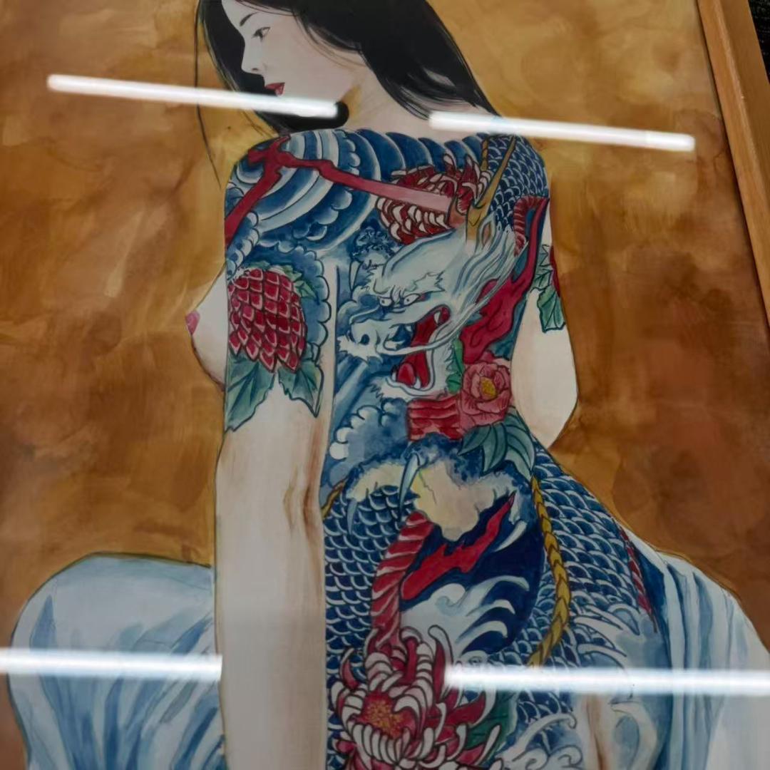 龍泉 リュウセン Ryu sen 額縁 刺青 菊と龍 水彩画 在銘 艶絵