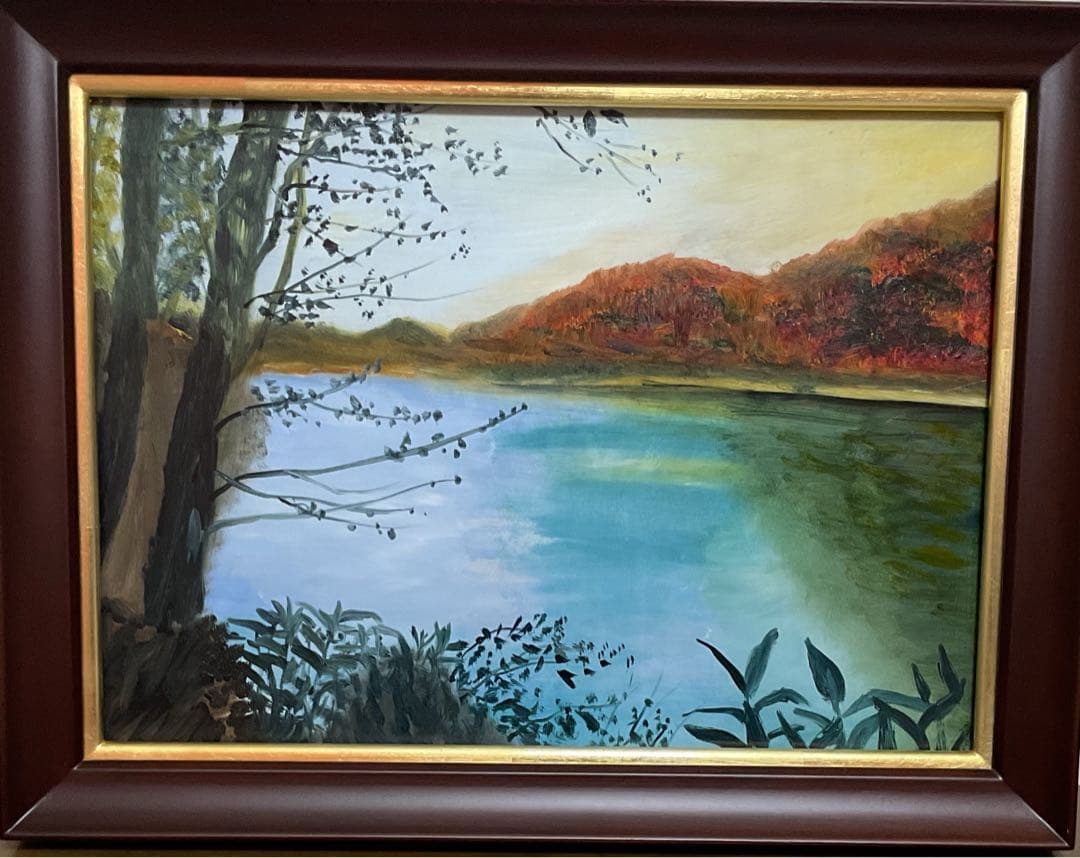 油彩画　「　晩秋の湖畔　」　原画　額付　F4号