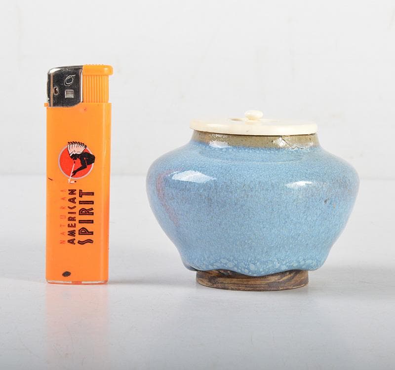 中国　汝窯　天青釉　茶入　茶壷　蓋・仕覆付　時代箱　M　R4570