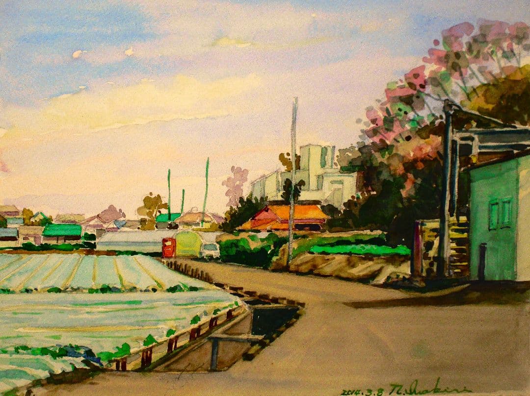 風景画 水彩画 木製額縁付きF6サイズ