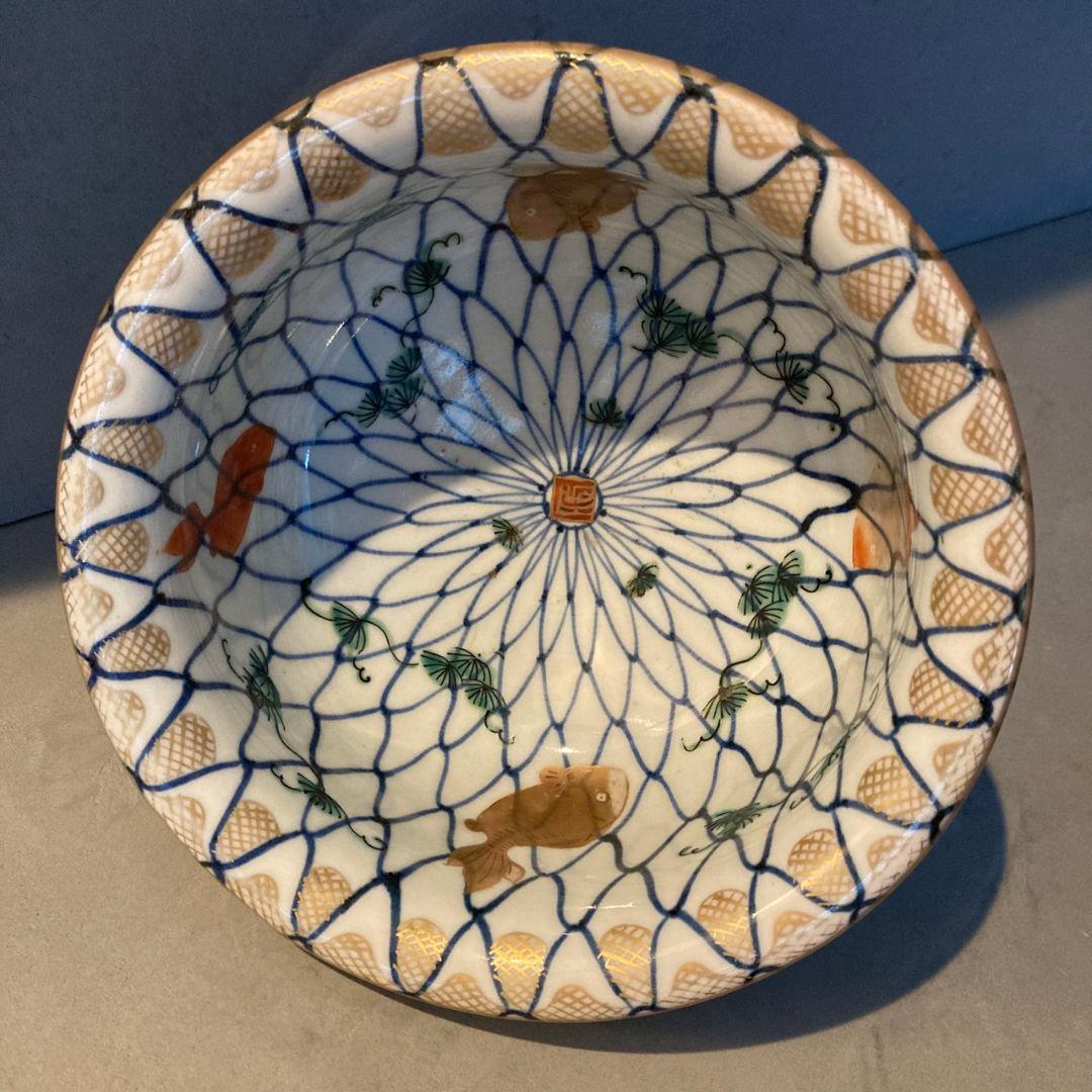 【貴重】古伊万里　染付色絵鉢　網目　金魚　金彩　茶碗　陶器　骨董品　江戸後期